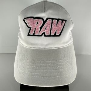 RAW White Trucker Hat Pink Chenille Logo Snapback Mesh Cap